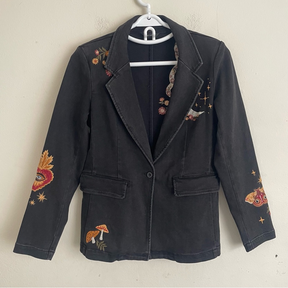 Driftwood Hallucinations Embroidered Denim Blazer Jacket Black M Moon Snake - Picture 2 of 6
